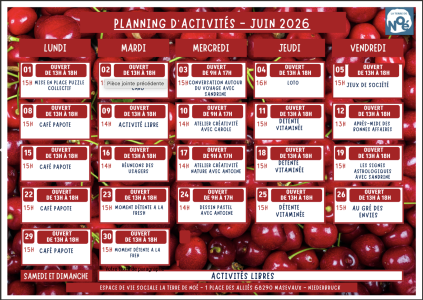Planning juin 2026 Espace de vie sociale la Terre de Noé